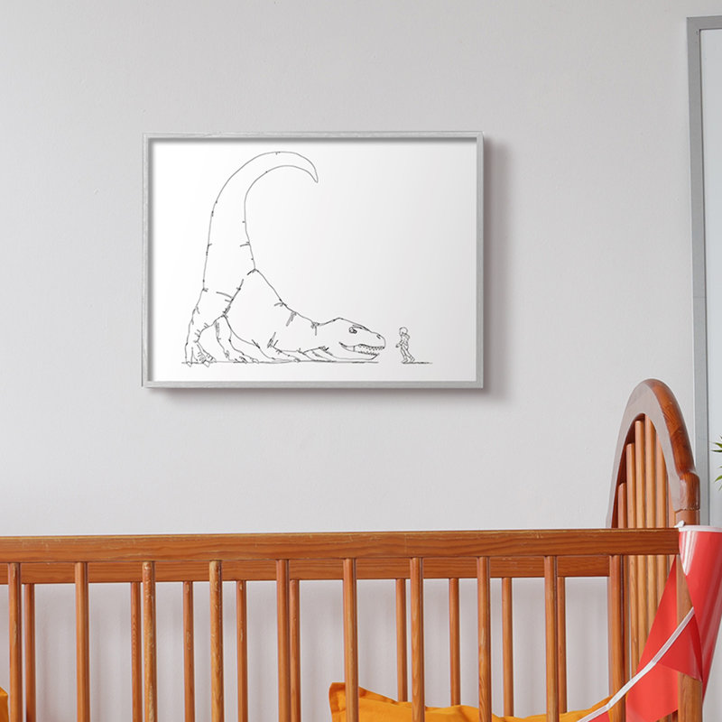 Dinosaure T-Rex et garçon dessin au trait minimal, Giclée encadrée noir minuit, H 16 po x l 20 po