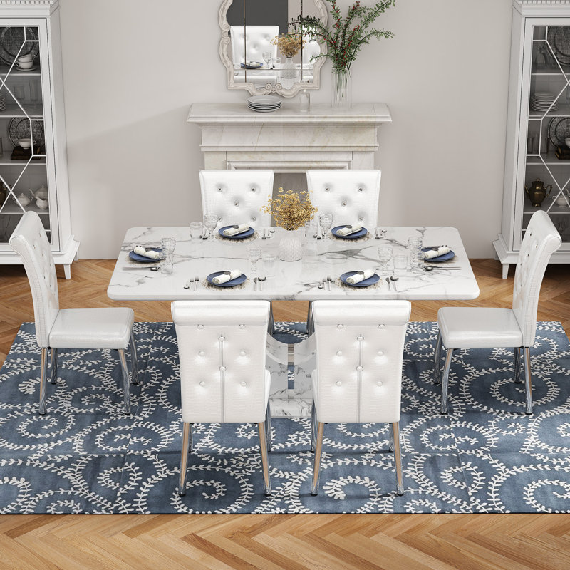 Ensemble de table de salle à manger moderne en simili marbre 63 po avec chaises en similicuir, Blanc / argenté, White