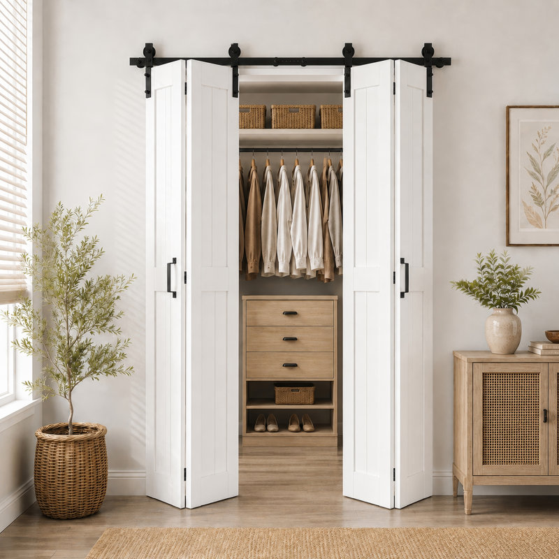 Portes de grange pliantes 84 po en bois manufacturé avec quincaillerie d'installation, 72 po x 84 po