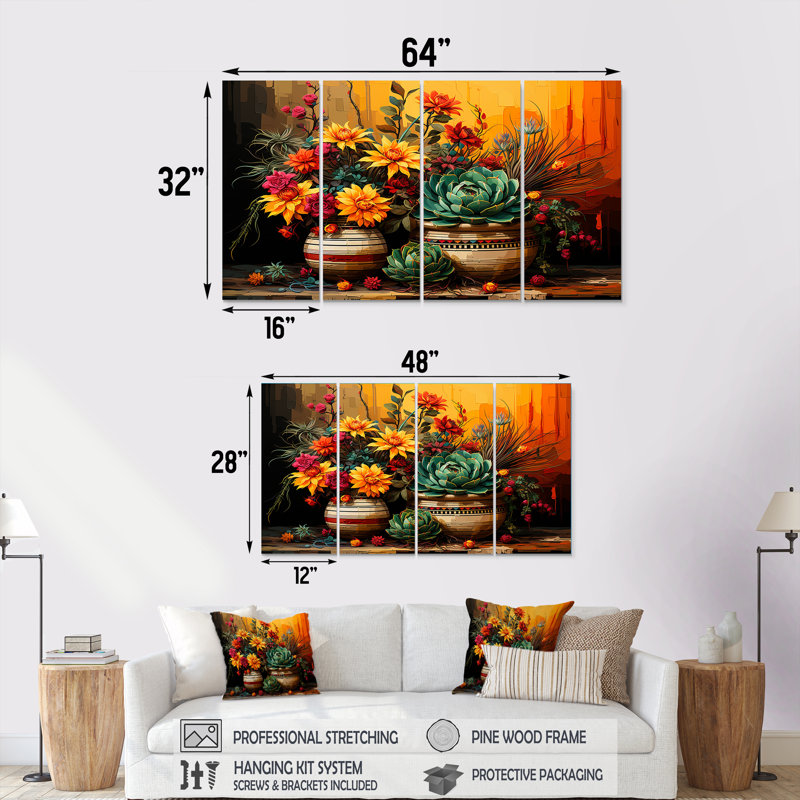 Boho Pottery Blooms - Boho Pottery, art mural 4 pièces, H 28 po x l 48 po