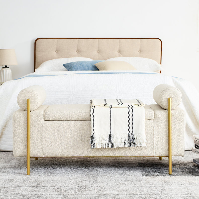 Beige Upholstered Bench With Cylindrical Arms And Iron Legs, Soft Linen For Living Room Bedroom Hallway Elegant Storage Reliable Leg Construction In