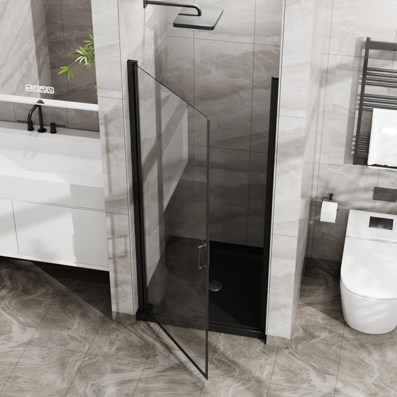 Porte battante en verre trempé de 34 po x 72 po, semi-noire, 1/4 po d'épaisseur, fermeture étanche, poignée en alliage de zinc, 180, douche pivotante à 90 portes en noir, verre, avec aimants, pivot pivotant, à emboîtement