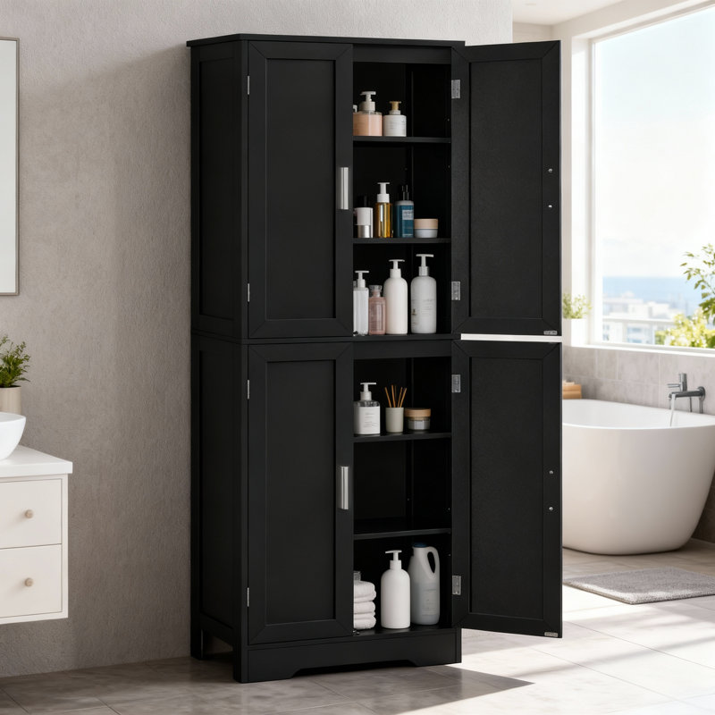 67” Storage Cabinet, Kitchen Pantry Cabinet With 4 Doors And Adjustable Shelves, Cupboard, Tall Bathroom Cabinets For Dinning Room, Living Room, Black