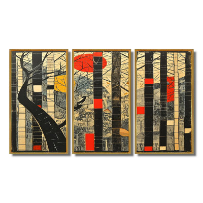 Ensemble de salon art mural japonais japonais avec paysage de lune rouge en bambou