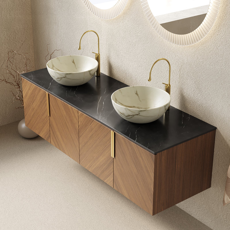 Meuble-lavabo flottant avec lavabo vasque, bol, 60", Céramique blanche