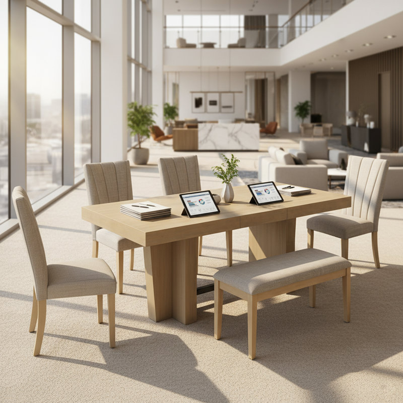 Ensemble de table de salle à manger extensible avec chaises rembourrées et banc en bois massif, 6 pièces, Naturel
