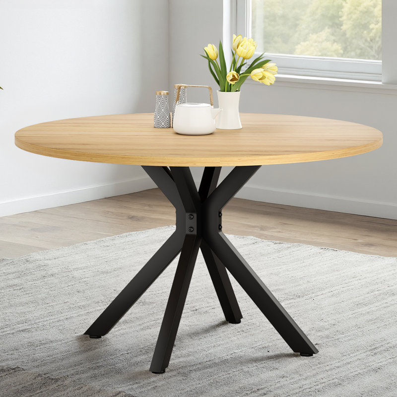 Ash Round Metal Base Dining Table, Natural