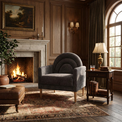 Chaise d'appoint rembourrée en lin avec dossier d'inspiration arc-en-ciel et pieds en bois, gris