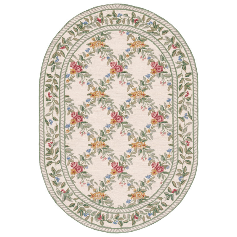Hand Hooked Wool Pile Floral Rug, Oval 4'6" x 6'6" 