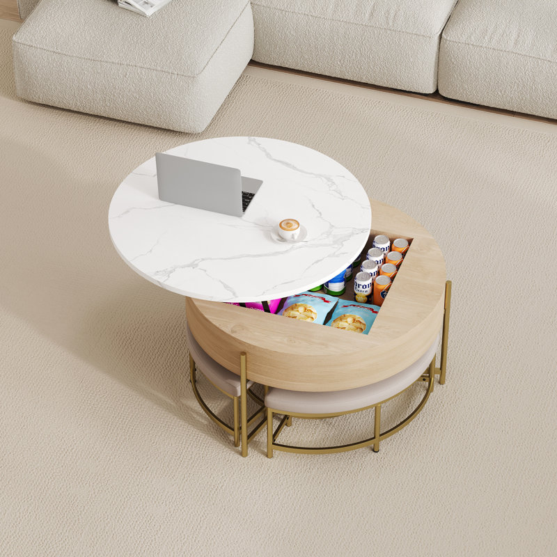 Table basse moderne à plateau relevable avec rangement et 3 repose-pieds, parfaite pour la vie contemporaine et peu encombrante