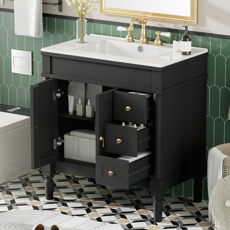 Meuble-lavabo moderne de 30 pouces avec 2 portes et 3 tiroirs, Noir