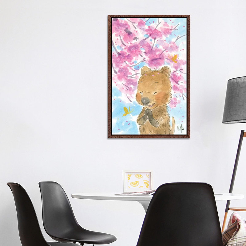 Cherry Blossom Quokka by Martin Hsu - Painting on Canvas, 101.6 cm H x 66.04 cm W, Classic Brown Wood Framed