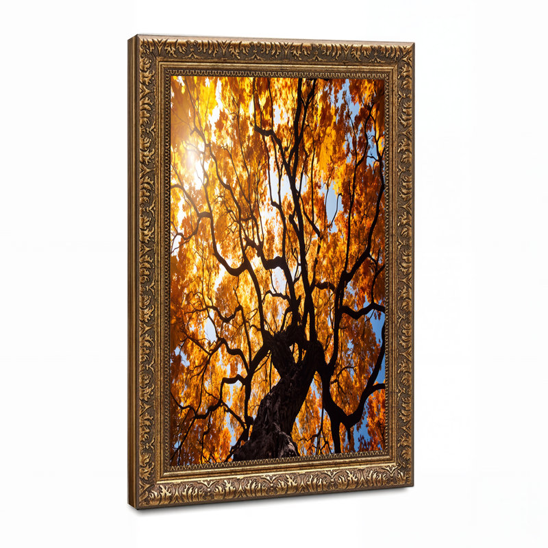 Art sur toile, feuilles d'automne jaunes sur branches d'arbres foncées contre ciel bleu, H 36 po x l 48 po