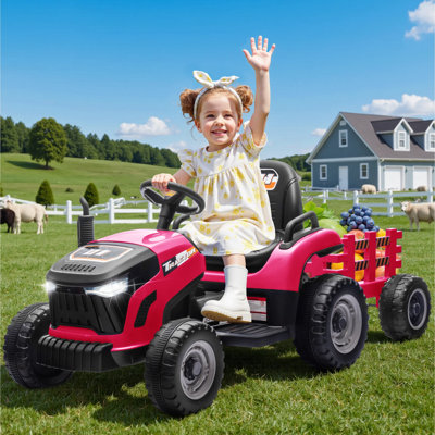 Pink Kids Ride-On Tractor with Trailer and LED Lights