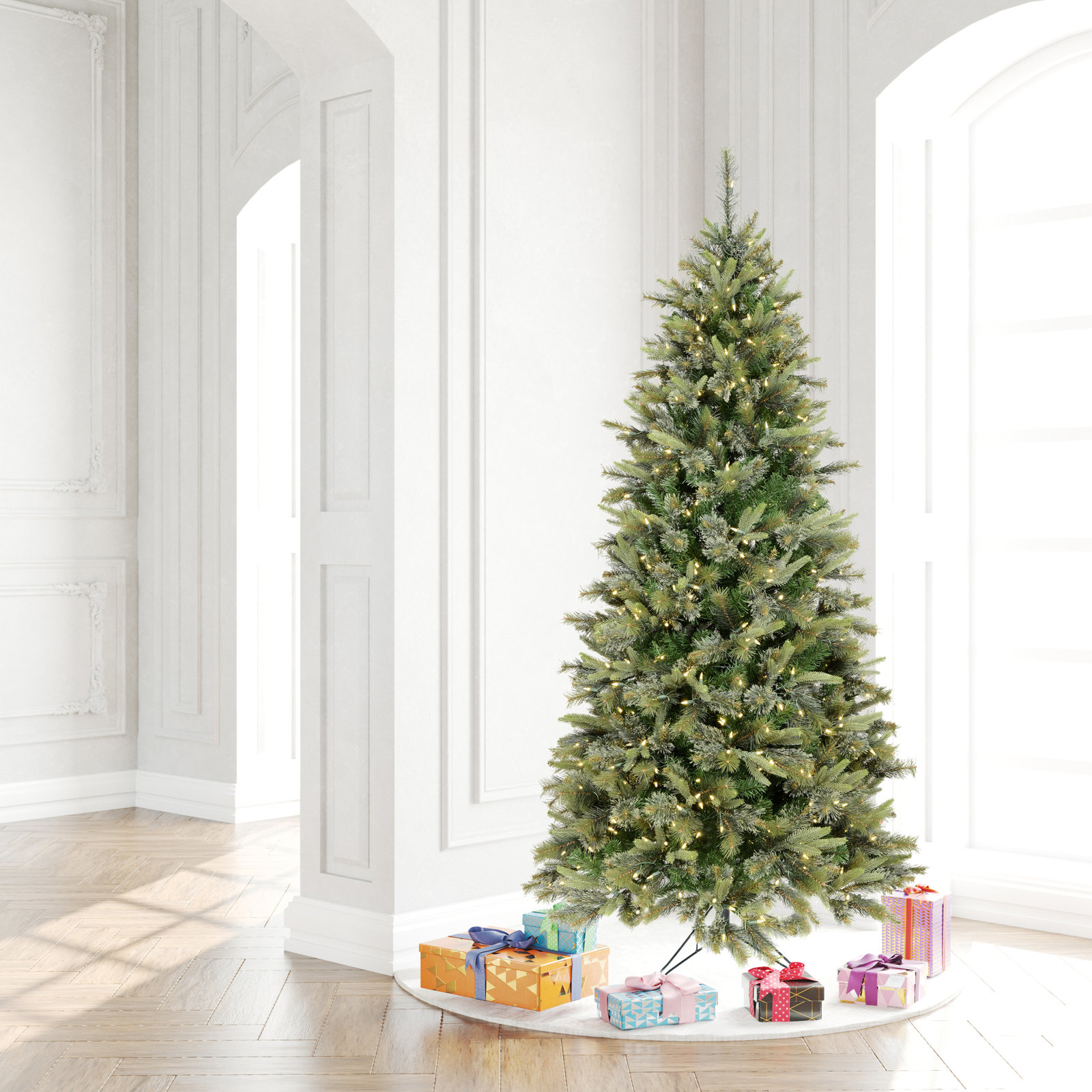 Green Pine Flocked Pre-Lit Pine Christmas Tree, 9.5' H, Warm White LED