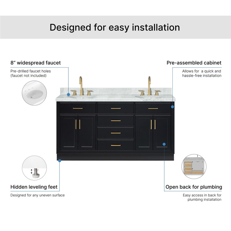 Meuble-lavabo double en bois massif de 66 po avec plateau en marbre de Carrare de 1,5 po Thornaby, Ovale