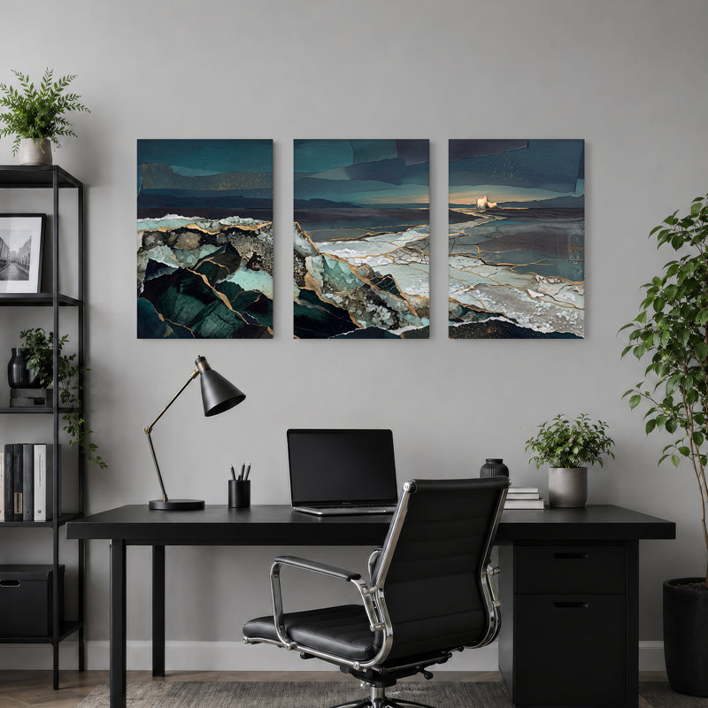 Toile foncée bleu sarcelle craquelée avec veines dorées, ensemble de 3 toiles, 24"H x 16"W x 3pcs