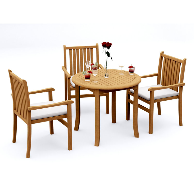 Ensemble de salle à manger 3 pièces en bois de teck de qualité A: table ronde de 36 po et 2 chaises empilables Angarano # 11CH0702