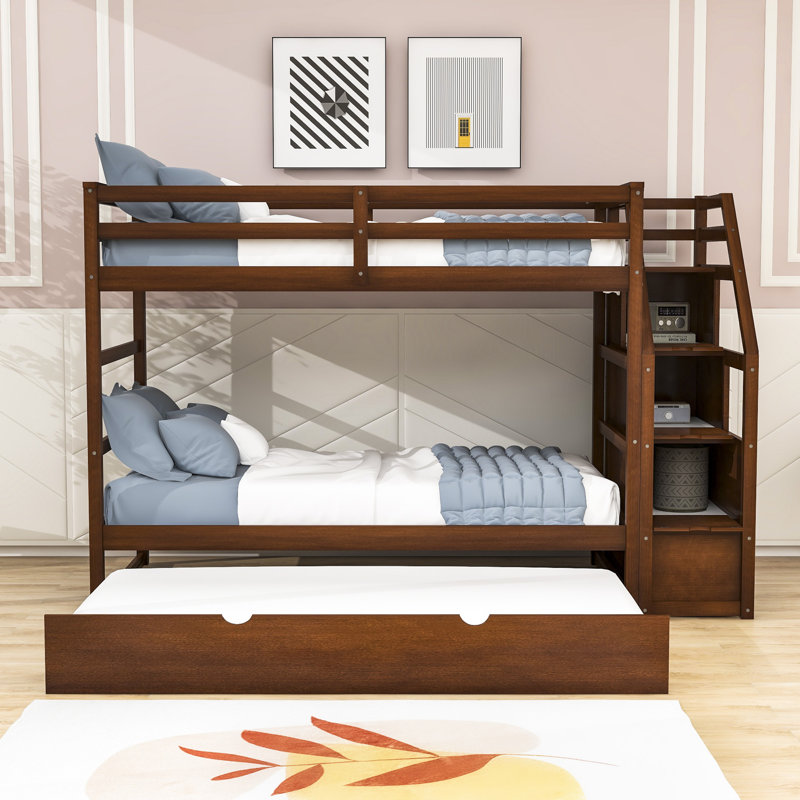 Twin-Over-Twin Bunk Bed With Twin Trundle And Storage Stairs, Walnut