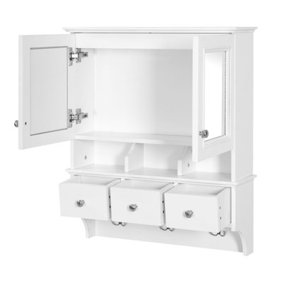 Aurelia 24 in. W x 28 in. H Rectangular MDF Surface Mount Framed Medicine Cabinet with Mirror & Hooks in White