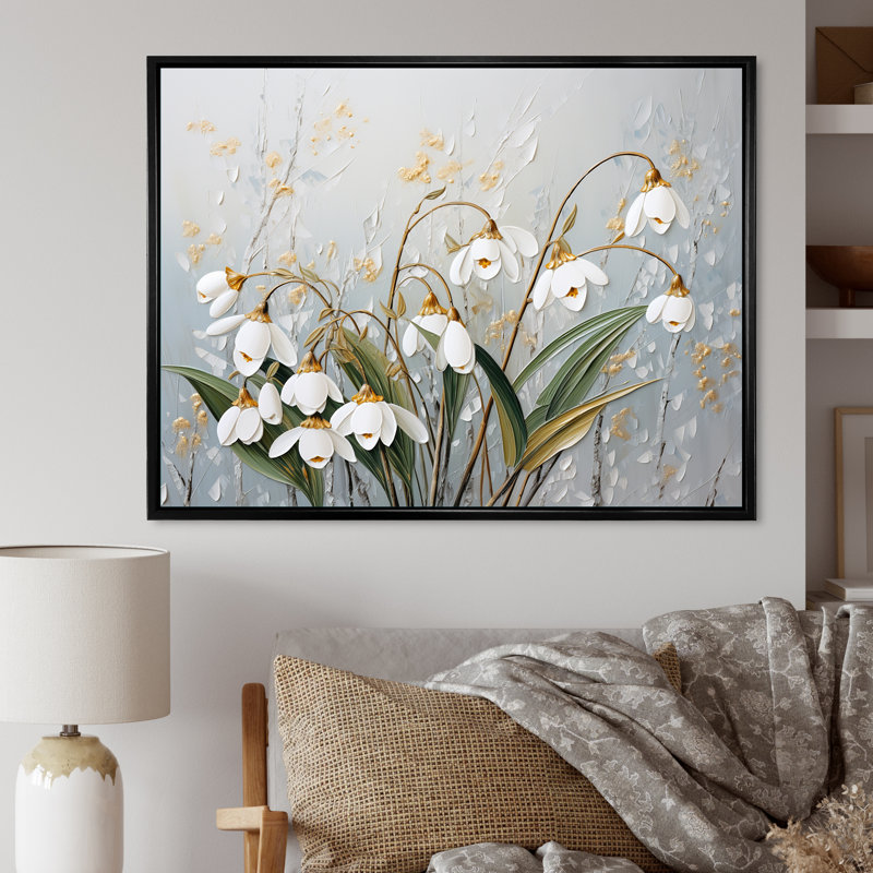 «Modern Modern Blue and Gold Snowdrops II», reproduction sur toile, Cadre flottant noir, H 30 po x l 40 po x P 1,5 po