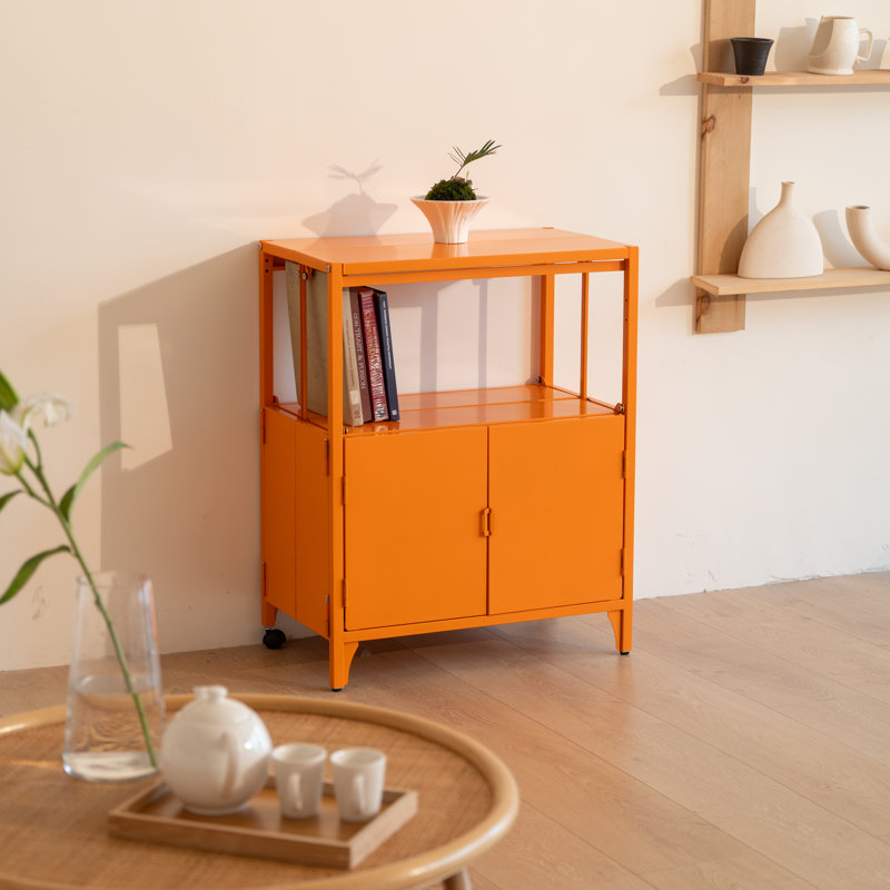 Accent 23.6’’ Wide  Foldable Metal Double Layer Cabinet with  Wheels Easy Assemble end table, Orange