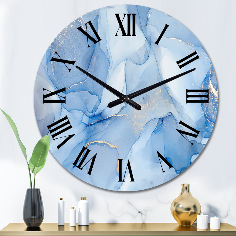 Liquid Ink Art In Shades Of Light Blue I - Modern Wall Clock, Large