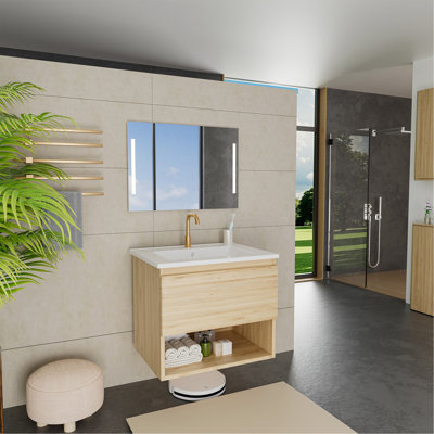 Meuble-lavabo suspendu horizontal cannelé en chêne naturel de 61 cm (24 po), avec lavabo en céramique et tiroirs. Style minimaliste moderne. Robinetterie et bonde non incluses.