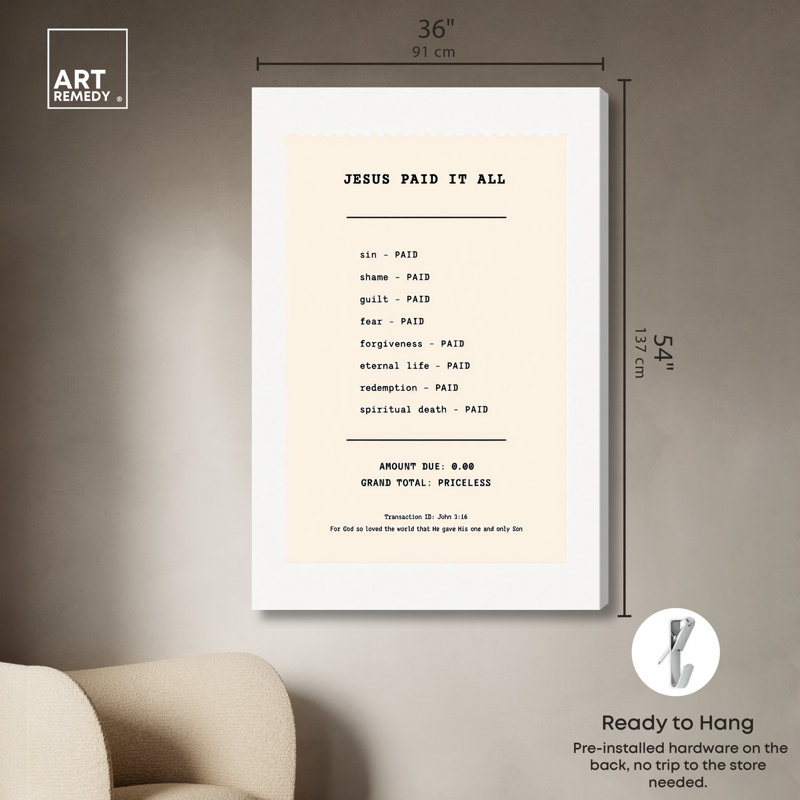 «Jesus Paid It All Christian», reproduction d'art sur toile, 36 x 54 po, 54"H x 36"W, Canvas Unframed