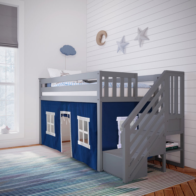Lit mezzanine simple avec escalier et rideau de jeu Glyndon Kids, Argile, bleu
