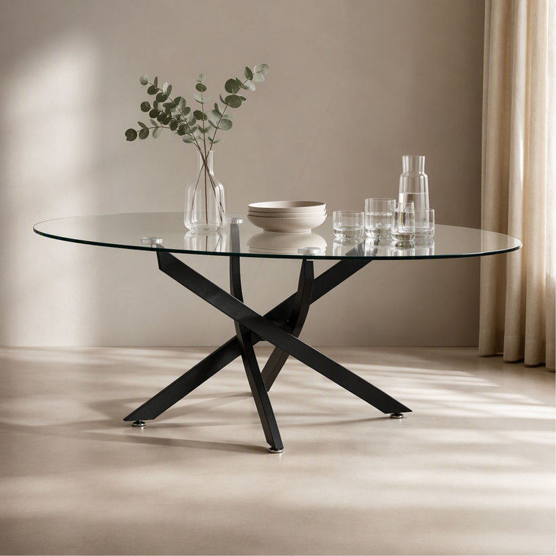 Table basse ovale, table d'appoint en verre de 100 cm avec pattes, table à thé moderne pour salon, Transparent/noir