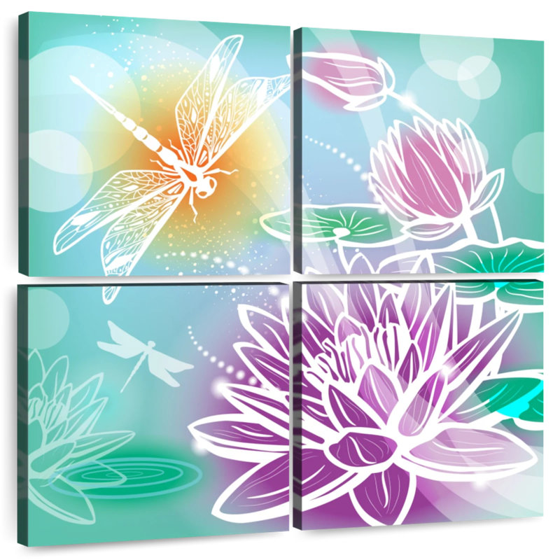 Harnek fleurs de lotus et libellules, H 32 po x l 32 po