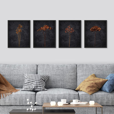 " Moody Floral Print Dark Orange Wall Art Set Of 4 Wildflower Still Life Wall Decor Minimalism " 4 - Pieces