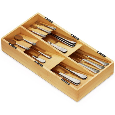Bamboo Silverware Drawer Organizer With Labels, Kitchen Utensil Tray Holder Organizer(Natural, 6 Slots)