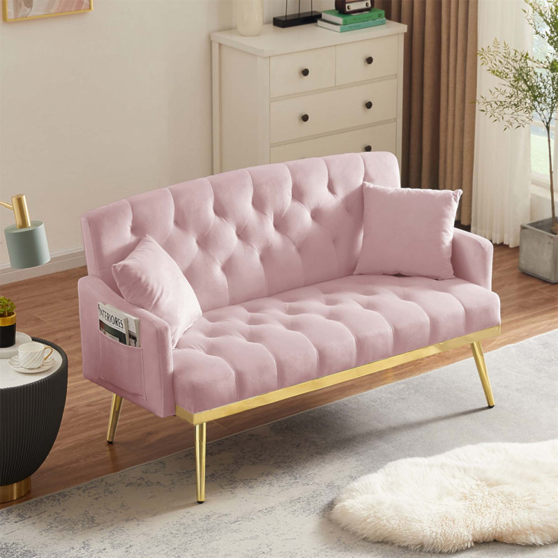 Canapé contemporain capitonné 2 places avec velours doux et pieds en métal, parfait pour les petits espaces, Velours rose