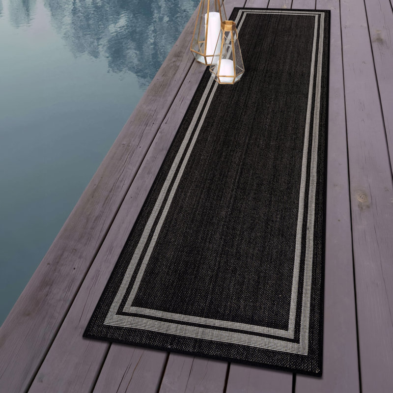 Tapis intérieur / extérieur tissé à plat en jute noir / ivoire Border, Noir, Tapis de couloir 2 pi 3 po x 6 pi