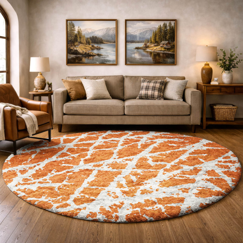 Premium Machine Washable Dream Shag ADS501 Crackle Rug, Orange, 8' Round