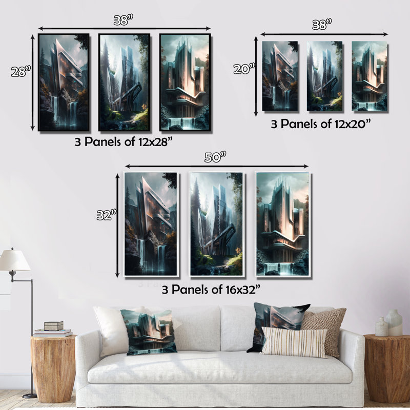 «Futuristic Architectural Brilliance», 3 pièces sur toile, Toile tendue, H 28 po x l 36 po
