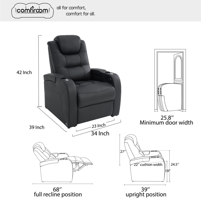 Dual Power Top Grain Leather Home Theater Recliner with USB & Type-C Charging Ports, Black