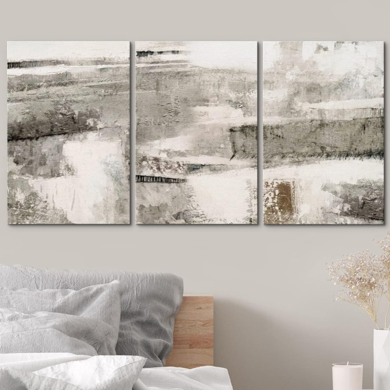 «Minimal Black Grey Landscape Abstract Shapes Modern Chic on Canvas», reproduction de 3 pièces, Toile tendue