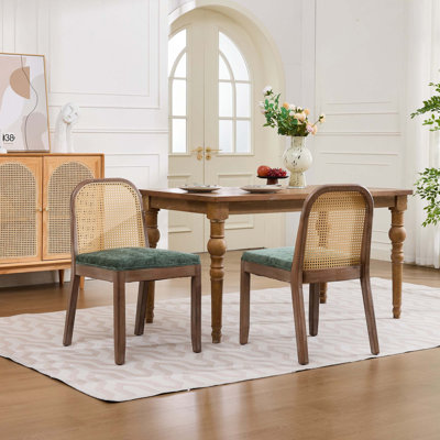 Ensemble de 2 chaises de salle à manger courbées arquées à dossier en canne, chaises d'appoint de style campagne Mid-Century, structure en bois massif vieilli, coussin en chenille avec ressort en S et éponge, chaises d'appoint sans accoudoirs pour la cuisine