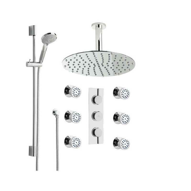 Nouveau système de douche de pluie thermostatique à fixation au plafond 8 po avec 6 jets Juno