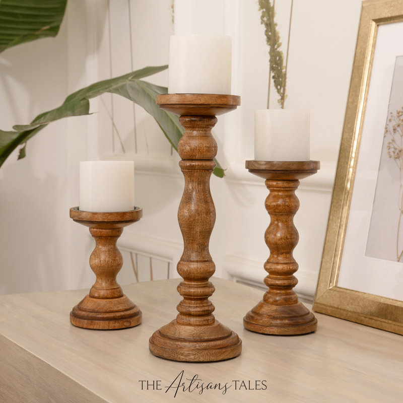 Ensemble de porte-bougie en bois de manguier 12 po 12 po - Ensemble rustique 3 pièces pour bougies DEL, Bois rustique