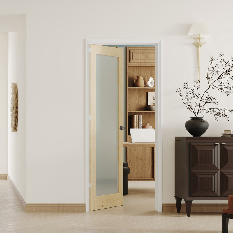 Porte intérieure à dalle - Porte en bois massif en verre givré avec poignée ronde argentée, 30 po x 80 po, Argent