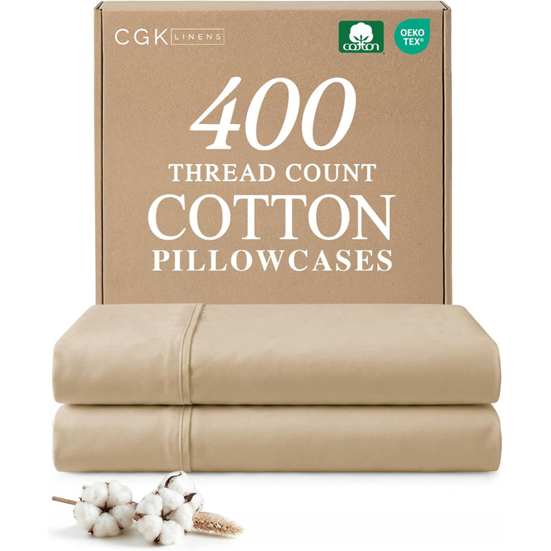 100% Cotton Pillowcase Set, 400 Thread Count Hotel Luxury Pillowcases, Soft & Breathable, Set of 2, Queen, Cream