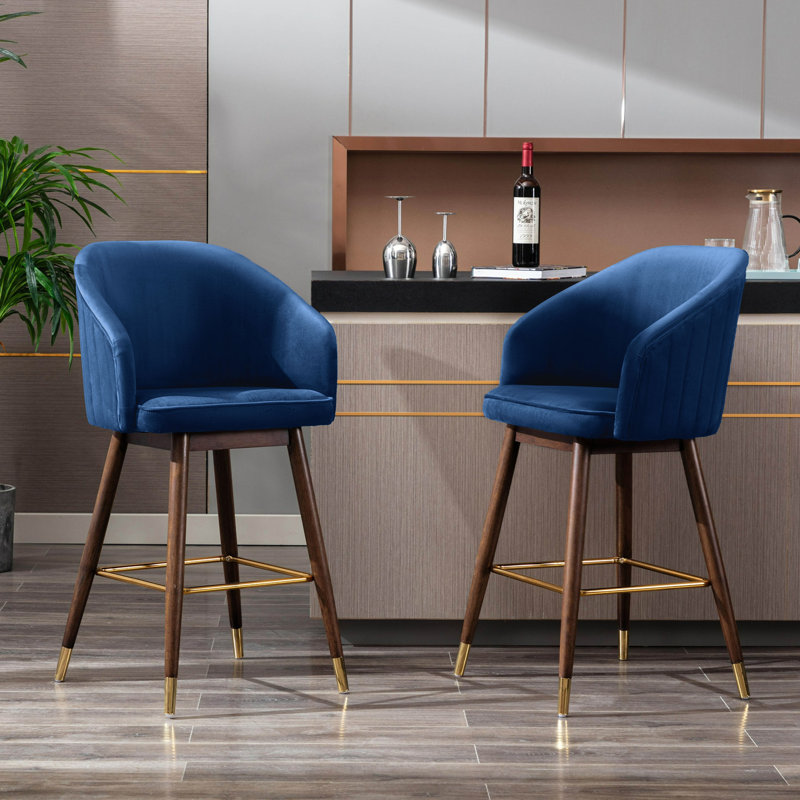 28'' Velvet Upholstered Bar Stool with Rubberwood Legs, Blue