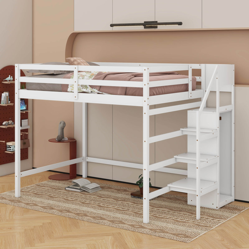 Lit mezzanine double avec garde-robe et escalier, Blanc