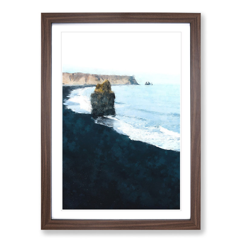 Black Sand Beach in Vik Iceland - Picture Frame Painting, 65cm H x 48cm W x 2cm D, Walnut Framed