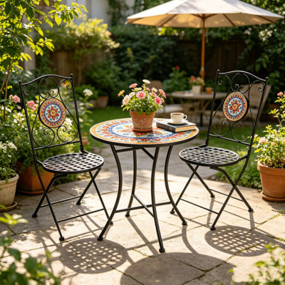 Iron Frame Bistro Set, 2-Seater Round Top Table+Chairs Set , Foldable Chat Set with Iron Mesh Seating Design, for Garden, Balcony, Poolside, Black+Red