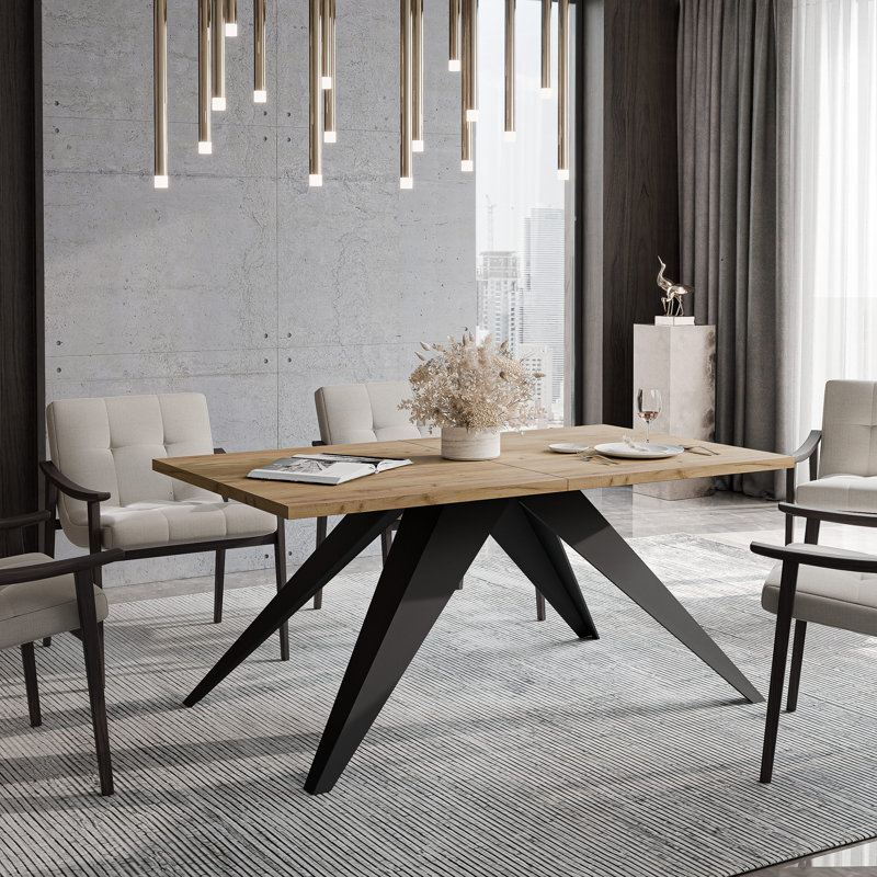 Extendable Rectangular Dining Table with Steel Base, 76cm H x 160cm W x 90cm D, Oak Kraft, White